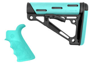 Hogue 13455 OverMolded 2-Piece Kit Collapsible Aqua OverMolded Rubber Black & Aqua Rubber Grip for AR15 M16 with Commercial Tube (Tube Not Included)