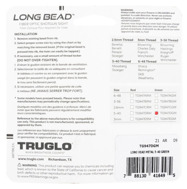 Truglo TG947DGM Long Bead Metal Moss 5008359200/Stoeger Condor SupremeUplanderCoach GunDouble Defense Fiber Optic Green 5-40