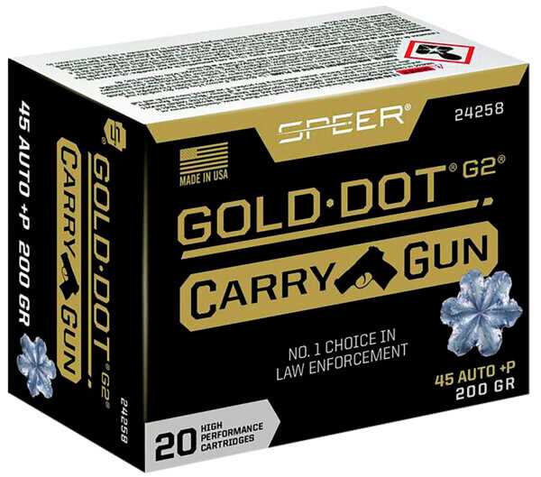 Speer 24258 Gold Dot Carry Gun 45 ACP +P 200 gr 1080 fps Hollow Point (HP) 20rd Box