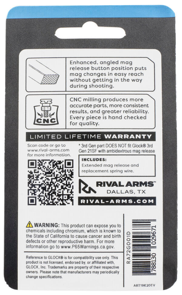 Rival Arms RA72G001D Magazine Release Fits Glock Gen1-3 Extended Stainless Aluminum