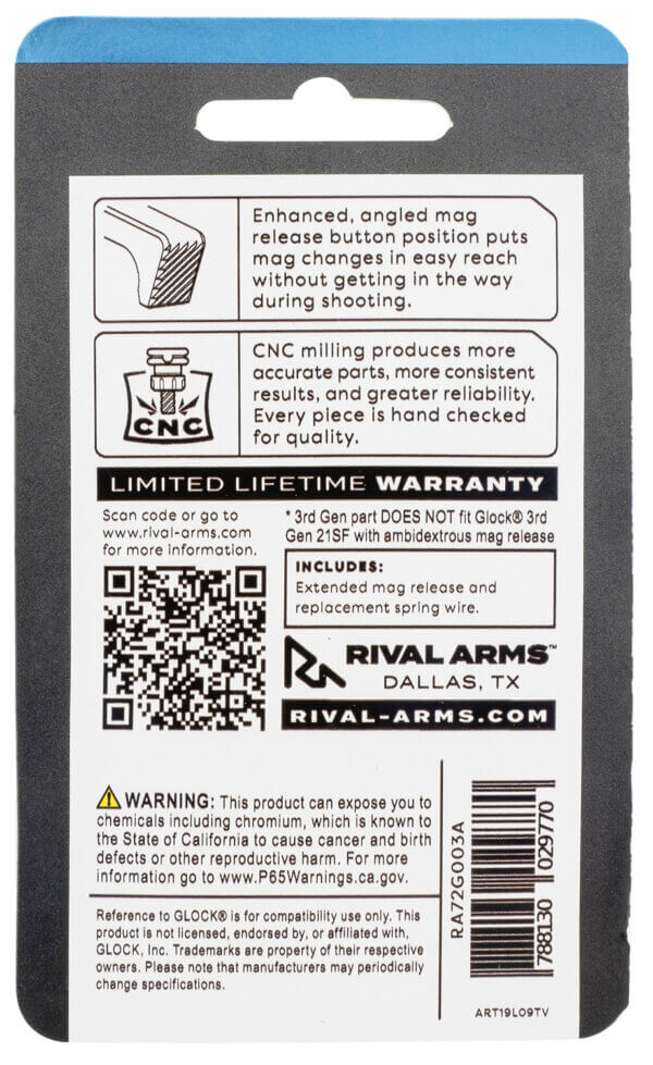 Rival Arms RA72G003A Magazine Release Extended Black Anodized Aluminum for Glock 43