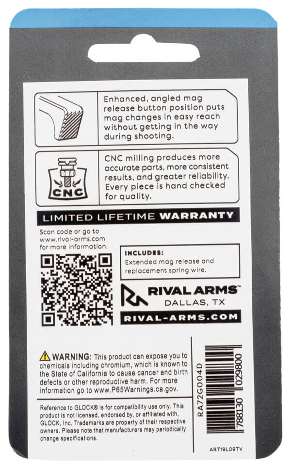 Rival Arms RA72G004D Magazine Release Extended Silver Aluminum for Glock 43X 48