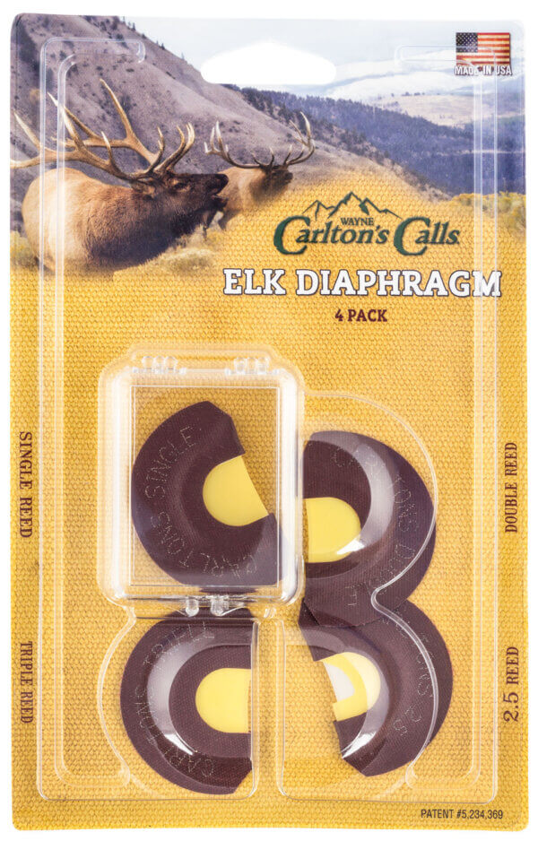 Wayne Carlton’s Calls 70314 Essential Elk Diaphragm Call Single/Double/Triple/2.5 Reed Attracts Elk Yellow 4 Per Pkg
