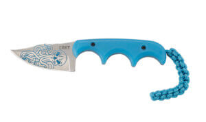 CRKT 2387O Minimalist Bowie Cthulhu 2.13″ Fixed Clip Point Plain Satin w/Blue Etching 8Cr13MoV SS Blade/3″ Blue Textured Polypropylene Handle Includes Lanyard/Sheath