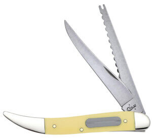 Case 00120 Fishing 3.40″ Folding Clip/Fish Scaler Plain/Serrated Tumble Polish Tru-Sharp SS Blade/ Yellow Synthetic Handle