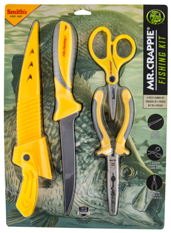 Smiths Products 51232 Mr. Crappie Fishing Combo 6″ Fixed Fillet Plain 400 Stainless Steel Blade Gray/Yellow TPE Handle Features Braid Line Scissors/Pliers Includes Pliers/Scissors/Sheath