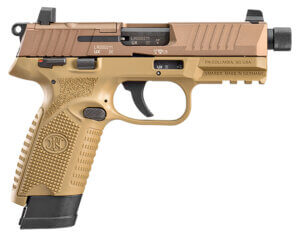 FN 66101009 502 Tactical 22 LR 4.60″ TB 10+1 Overall Flat Dark Earth Finish with Serrated Aluminum with Optic Cut Slide Textured Polymer Grip & Picatinny Rail Includes 2 Mags