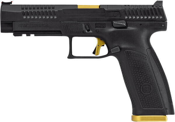 CZ-USA 95180 P-10 F Competition-Ready 9mm Luger 5″ 19+1 Overall Black Finish with Inside Railed Steel with Optic Cut Slide Polymer Grip Gold Accents & Picatinny Rail