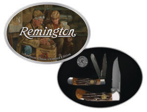 Remington Accessories 15684 Flushing Pheasant Limited Edition Gift Tin 2.75″/3.50″ Folding Plain Stainless Steel Blade White w/Etched Upland Hunting Scene Bone Handle