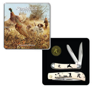 Remington Accessories 15684 Flushing Pheasant Limited Edition Gift Tin 2.75″/3.50″ Folding Plain Stainless Steel Blade White w/Etched Upland Hunting Scene Bone Handle