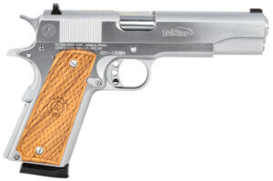 TriStar 85605 American Classic Government 1911 9mm Luger Caliber with 5″ Barrel 10+1 Capacity Overall Chrome Finish Steel Beavertail Frame Serrated Slide & Wood Grip