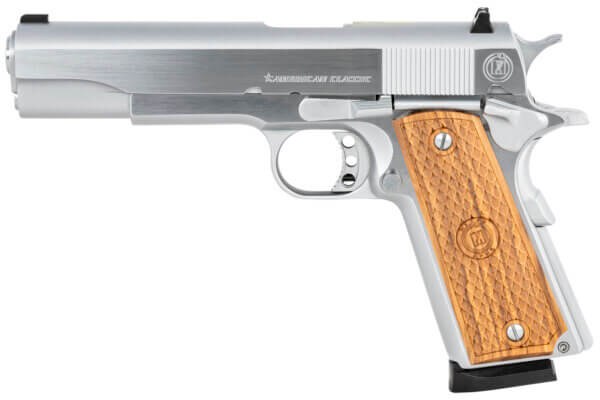 TriStar 85602 American Classic Government 1911 45 ACP Caliber with 5″ Barrel 8+1 Capacity Overall Chrome Finish Steel Beavertail Frame Serrated Slide & Wood Grip