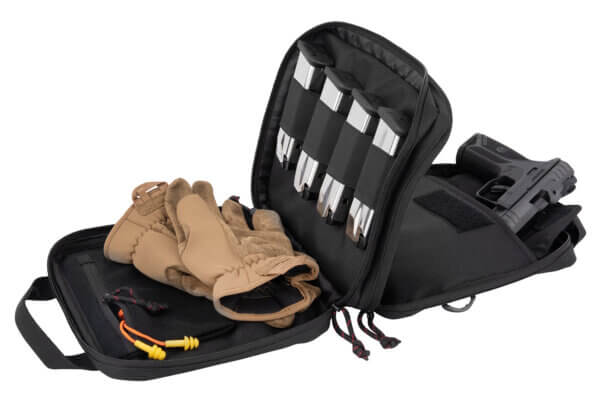 Tac Six 10814 Crew Tactical Pistol Case made of Black 600D Polyester with MOLLE System  Lockable Compartments  Storage Pockets  600D Lining & Carry Handel 10 L x 3″ W x 8″ H Interior Dimensions Holds up to 2 Handguns”