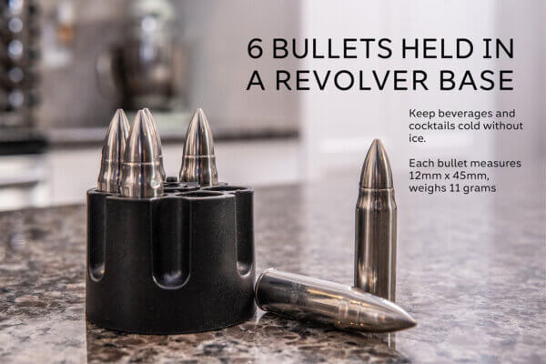 Caliber Gourmet CBG1046B Caliber Gourmet Bullet Chillers Silver Stainless Steel Pistol Cylinder/Bullets