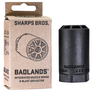 Sharps Bros BAD02 Badlands  Muzzle Brake/Blast Deflector  Heat Treated 17-4 Stainless Steel w/Nitride Finish  5/8-24 tpi Threads 2.75″L 1.50″D for Multi-Caliber (.223-.354) Full-Auto Rated”
