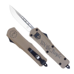CobraTec Knives MWTPFS3DNS FS-3 We The People Medium 3″ OTF Drop Point Plain D2 Steel Blade Tan w/”We The People” Aluminum Cerakoted Handle Features Glass Breaker Includes Pocket Clip