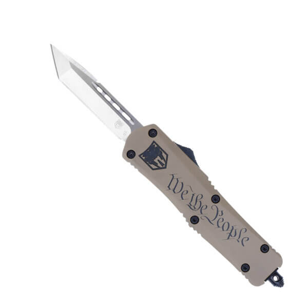 CobraTec Knives MWTPFS3TNS FS-3 We The People Medium 3″ OTF Tanto Plain D2 Steel Blade Tan w/”We The People” Aluminum Cerakoted Handle Features Glass Breaker Includes Pocket Clip