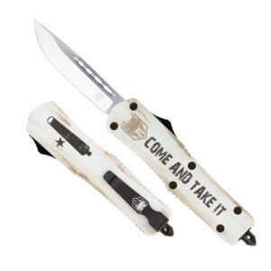 CobraTec Knives MCATIFS3DNS FS-3 Come And Take It 3″ OTF Drop Point Plain 154CM SS Blade White w/”Come And Take It” Aluminum Cerakoted Handle Features Glass Breaker Includes Pocket Clip