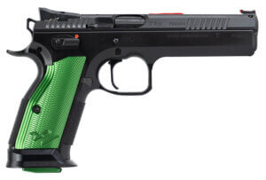 CZ-USA 91224 TS 2 9mm Luger 5.23″ 20+1 Overall Black Finish with Inside Railed Steel Slide Aggressive Checkered Green Aluminum Grip & Non-Tilted Barrel