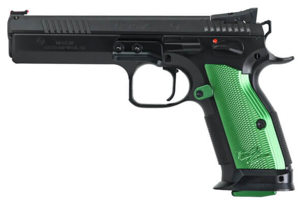 CZ-USA 91224 TS 2 9mm Luger 5.23″ 20+1 Overall Black Finish with Inside Railed Steel Slide Aggressive Checkered Green Aluminum Grip & Non-Tilted Barrel