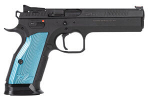 CZ-USA 91222 TS 2 40 S&W 5.28″ 17+1 Overall Black Finish with Inside Railed Steel Slide Aggressive Checkered Blue Aluminum Grip & Non-Titled Barrel