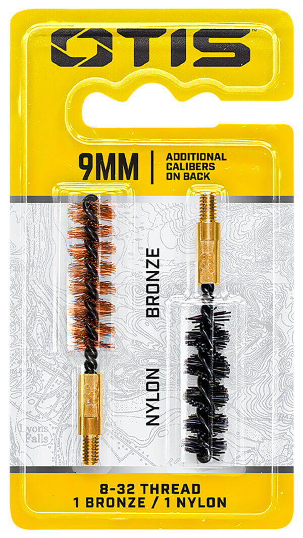 Otis FG338NB Bore Brush Set  9mm/38 Spl/375/380 Cal 8-32 Thread 2″ Long Bronze/Nylon Bristles 2 Per Pkg”