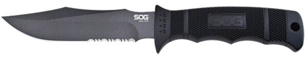 S.O.G SOG-M37N-CP Seal Pup 4.75″ Fixed Clip Point Part Serrated Powder Coated AUS-8A SS Blade Black w/Raised Diamond Pattern GRN Handle Includes Lanyard/Sheath