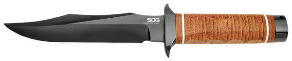 S.O.G SOGSB1TL Super SOG 7.50″ Fixed Bowie Plain Black Hardcased TiCN AUS-8A SS Blade Brown Stacked Leather Washers w/Cross Guard Handle Includes Sheath