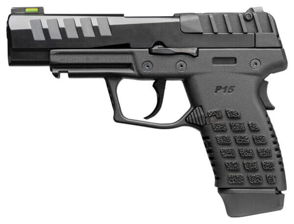 Kel-Tec P15BLK P-15 9mm Luger Caliber with 4″ Barrel 15+1 Capacity Overall Black Finish Picatinny Rail Frame Serrated Nitride Steel Slide & Stippled Polymer Grip
