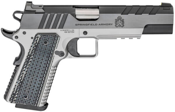 Springfield Armory PX9219L 1911 Emissary 9mm Luger 9+1  5 Stainless Match Grade Bull Steel Barrel  Blued/Stainless Serrated/Tri-Top Cut Steel Slide  Stainless Steel Frame w/Beavertail & Picatinny Rail  Black VZ Thin-Line G10 Grip  Right Hand”