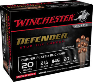 Winchester Ammo SB203PD Defender 20 Gauge 2.75″ 20 Pellets 1145 fps Copper-Plated 3 Buck Shot 10rd Box