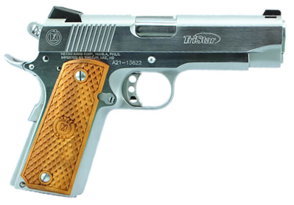 TriStar 85625 American Classic Commander 1911 9mm Luger Caliber with 4.25″ Barrel 9+1 Capacity Overall Chrome Finish Steel Beavertail Frame Serrated Slide & Wood Grip