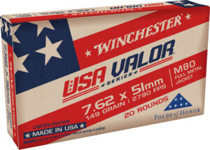 Winchester Ammo USAVM80X USA Valor M80 7.62x51mm NATO 149 gr 2790 fps Full Metal Jacket (FMJ) 20rd Box