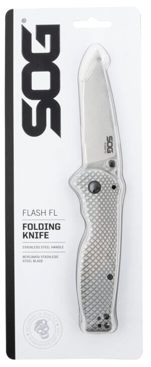 S.O.G SOG14520157 Escape FL 3″ Folding Sheepsfoot Plain 8Cr13MoV SS Blade Silver w/ “SOG” Stainless Steel Handle Includes Pocket Clip