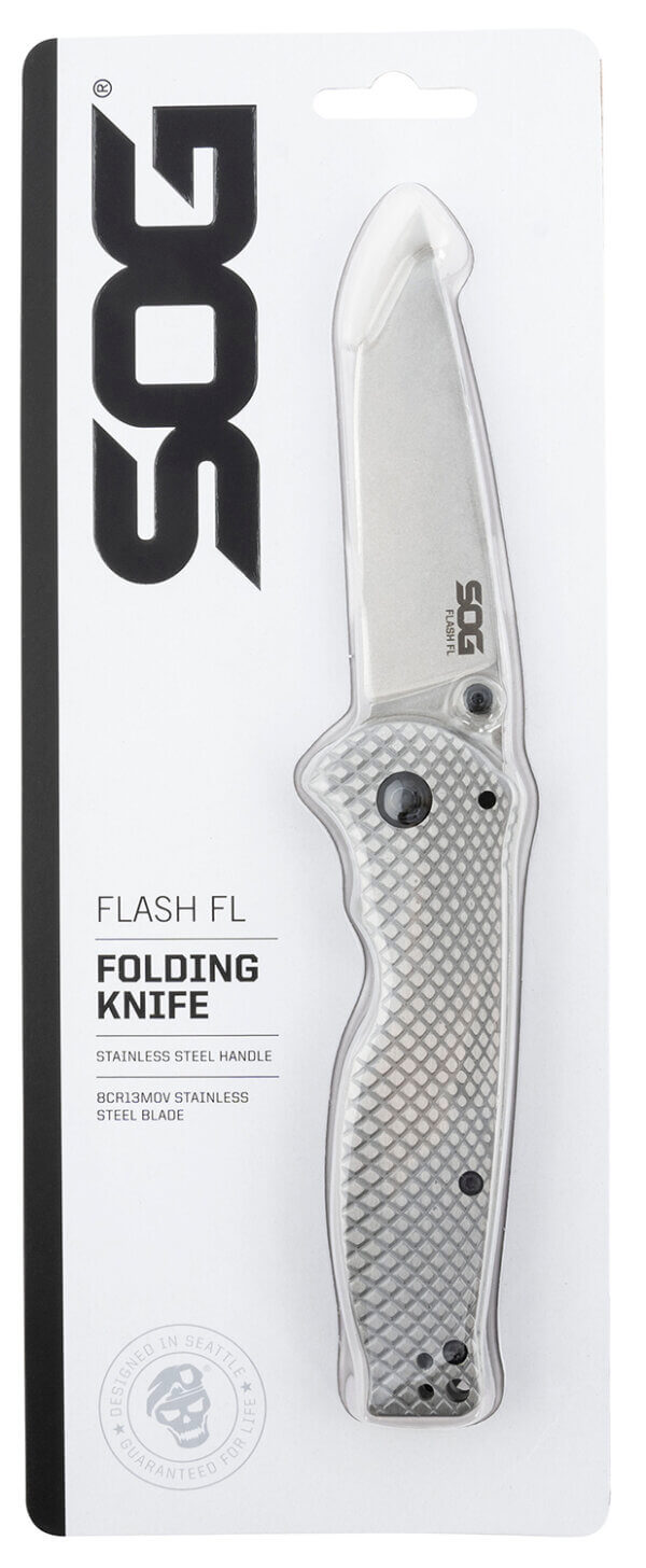 S.O.G SOG14180157 Flash FL 3.40″ Folding Drop Point Plain Satin 4116 Stainless Steel Blade/Silver Stainless Steel Handle Includes Pocket Clip
