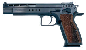 Tanfoglio IFG TFDOM9 Domina 9mm Luger Caliber with 5.20″ Barrel 17+1 or 19+1 Capacity Overall Blue Finish Steel Beavertail Frame Ported Slide & Black Polymer Grip