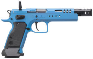 Tanfoglio IFG TFDOM9 Domina 9mm Luger Caliber with 5.20″ Barrel 17+1 or 19+1 Capacity Overall Blue Finish Steel Beavertail Frame Ported Slide & Black Polymer Grip
