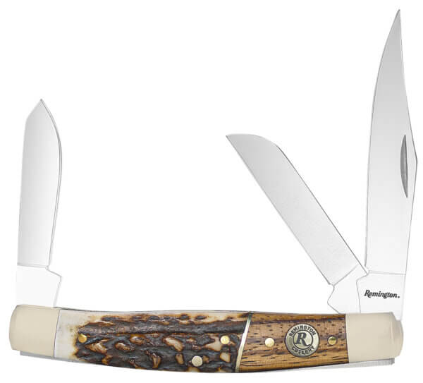 Remington Accessories 15653 Guide Stockman Folding Stainless Steel Blade Brown/White/Silver w/Remington Shield Stag Bone/Nickle Handle