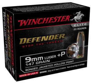 Winchester Ammo S9MMPDB2 Defender Elite 9mm Luger +P 147 gr Bonded Jacket Hollow Point 20rd Box