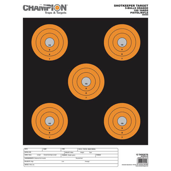 Champion Targets 45555 Shotkeeper 5″ Bullseye Paper 100 yds Pistol/Rifle Large Black/Orange 12 PK