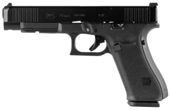Glock PA343S101MOS G34 Gen5 MOS 9mm Luger 5.31″ 10+1 Black nDLC Steel w/Front Serrations Slide Black Rough Texture Interchangeable Backstraps Grip Adj Sights