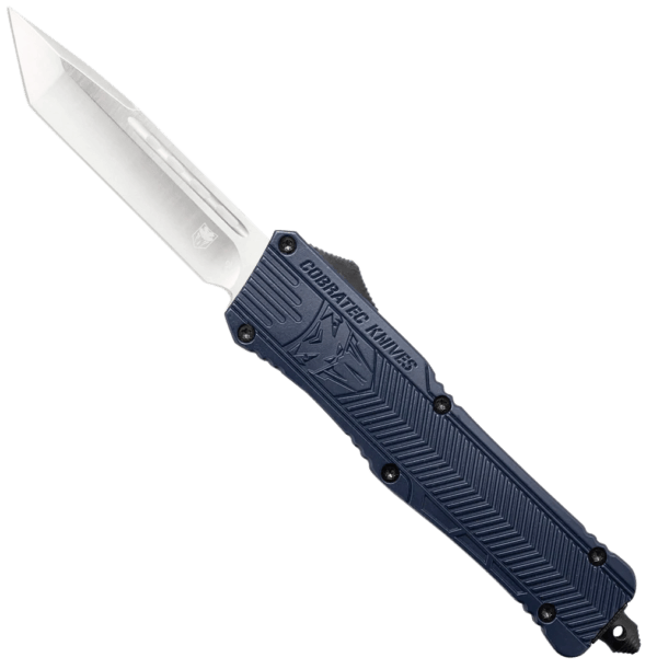 CobraTec Knives LNYCTK1LTNS CTK-1 Large 3.75″ OTF Tanto Plain D2 Steel Blade/NYPD Blue Aluminum Handle Features Glass Breaker Includes Pocket Clip