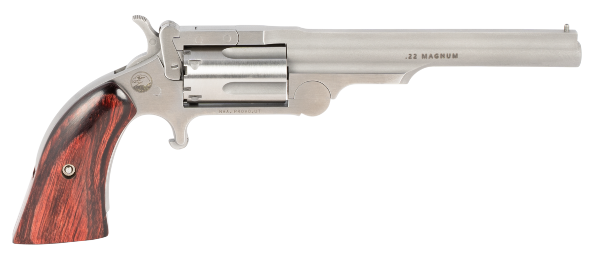 North American Arms 22MR4 Ranger II 22 WMR Caliber with 4″ Barrel 5rd Capacity Cylinder Overall Stainless Steel Finish & Rosewood Boot Grip