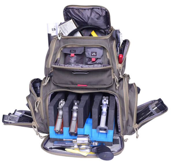GPS Bags GPS1711BPRK Handgunner Backpack 1000D Nylon Rifle Green with Khaki Trim Foam Cradle Holds 4 Medium Handguns Mag Pockets Pull-Out Rain Cover & Visual ID Storage System