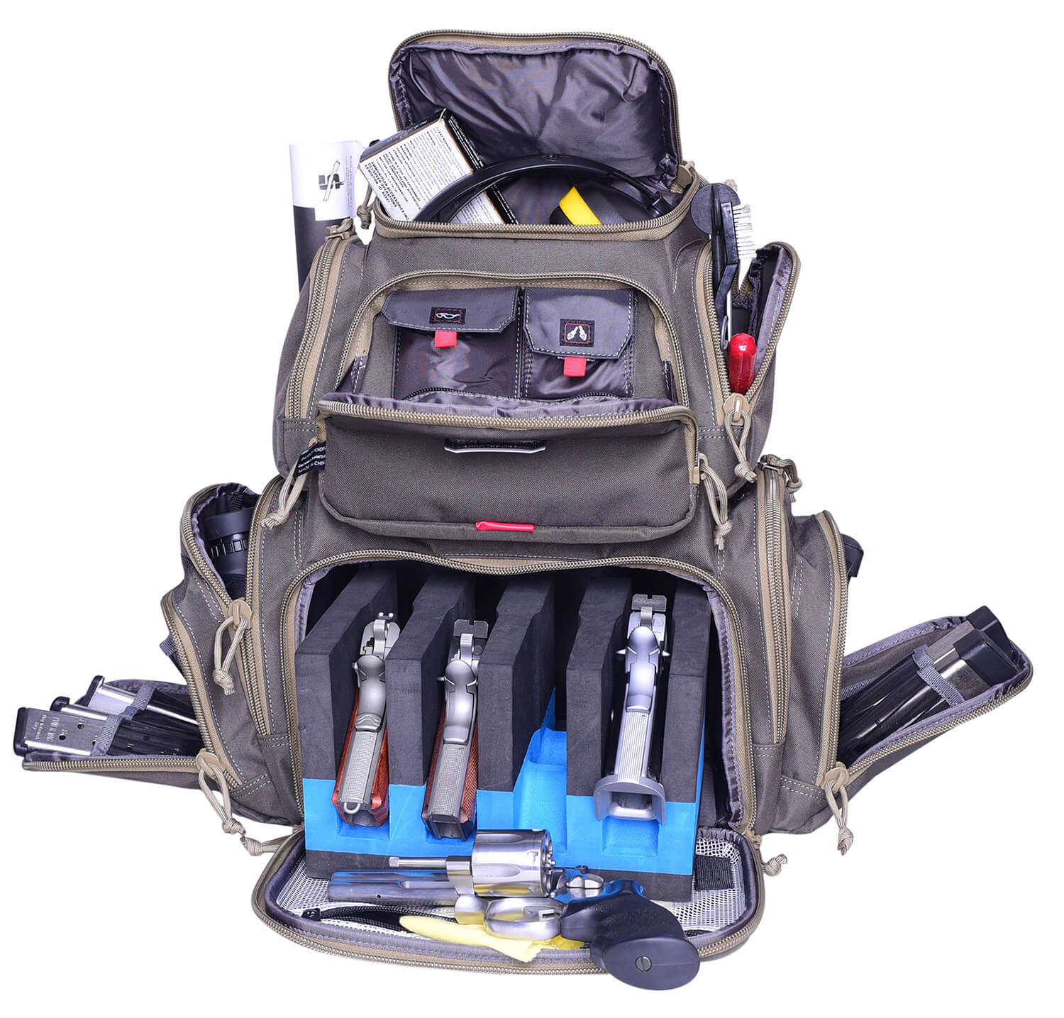 GPS Bags GPS1711BPRK Handgunner Backpack 1000D Nylon Rifle Green with Khaki  Trim Foam Cradle Holds 4 Medium Handguns Mag Pockets Pull-Out Rain Cover &  Visual ID Storage System – GunStuff