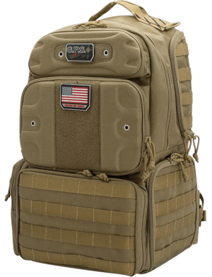 GPS Bags T1913BPT Tactical Backpack Tall Tan 1000D Polyester with Removable Pistol Storage  MOLLE Webbing & Lockable Zippers Holds 4 Handguns  Ammo & Accessories