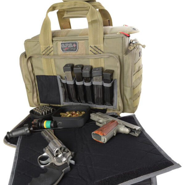 GPS Bags GPST1714LRT Tactical Tan 1000D Nylon Teflon Coating with Foam Cradle Holds 5 Handguns Storage Pockets & Handgun Sleeve Includes Ammo Dump Cups