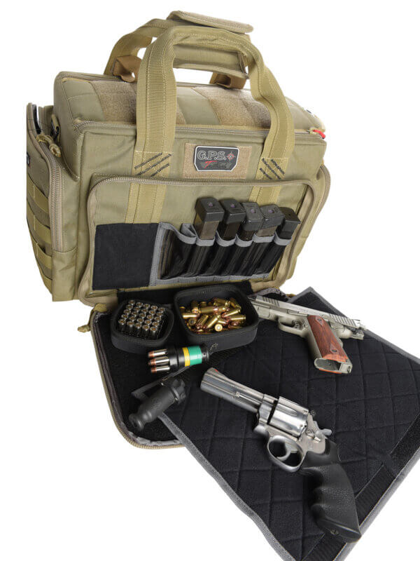GPS Bags GPST1714LRT Tactical Tan 1000D Nylon Teflon Coating with Foam Cradle Holds 5 Handguns Storage Pockets & Handgun Sleeve Includes Ammo Dump Cups