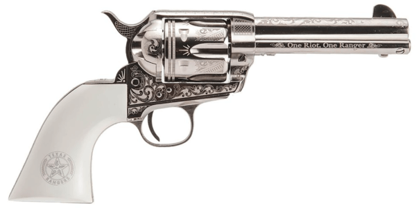 Cimarron PP410LNTXR Frontier Texas Ranger 45 Colt (LC) 6rd 4.75″ Engraved Nickel-Plated Steel Barrel Cylinder & Frame Engraved “One Riot One Ranger” Ejector Rod White Polymer Grip