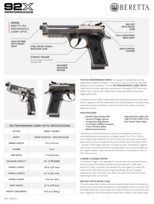 Beretta USA J92XPC020 92X PCO 9mm Luger 10+1 4.90″ Black Barrel Gray Nistan Steel Frame/Optic Cut Slide Black Polymer Grip Fiber Optic Sight